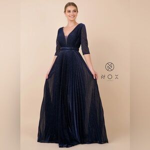 NEW Nox Anabel Deep V-neck Pleated A-line Dress M530 Blue Glitter Size Medium